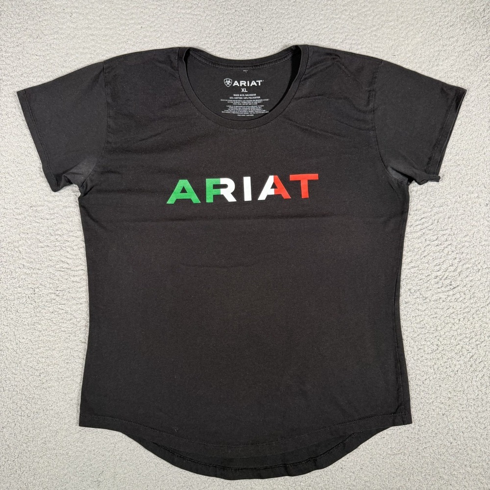 Ariat Shirt Womens XL Black Graphic Tee Spellout Curve Hem Cotton Blend Logo